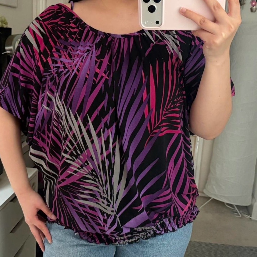 Apt. 9 Women's Palm Print Blouse - Black and Purple - Picture 2 of 6